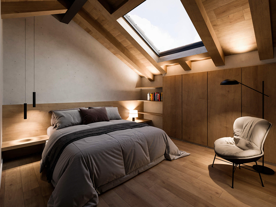Render dormitorio principal en Pirineo para ATR Arquitectura